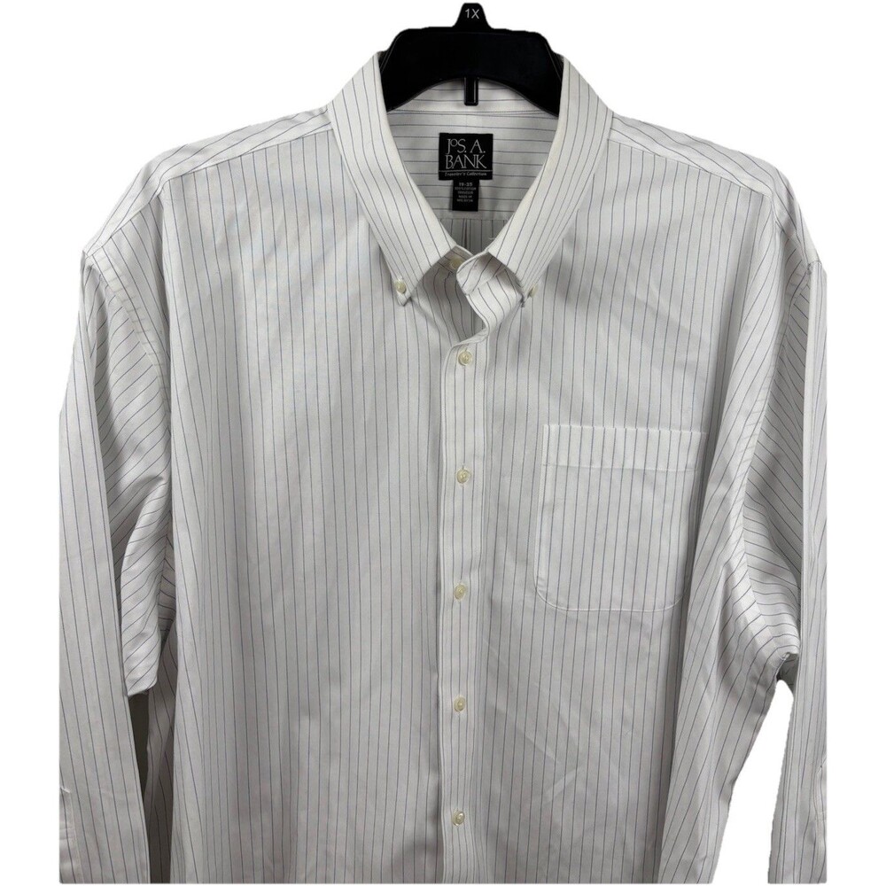 Jos. A. Bank Shirt Mens 19-35 White Blue Stripe Long Sleeve Traveler 100% Cotton
